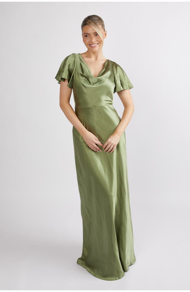 Six Stories Flutter Sleeve Satin Bridesmaid Dress, Main, color, Moss Green