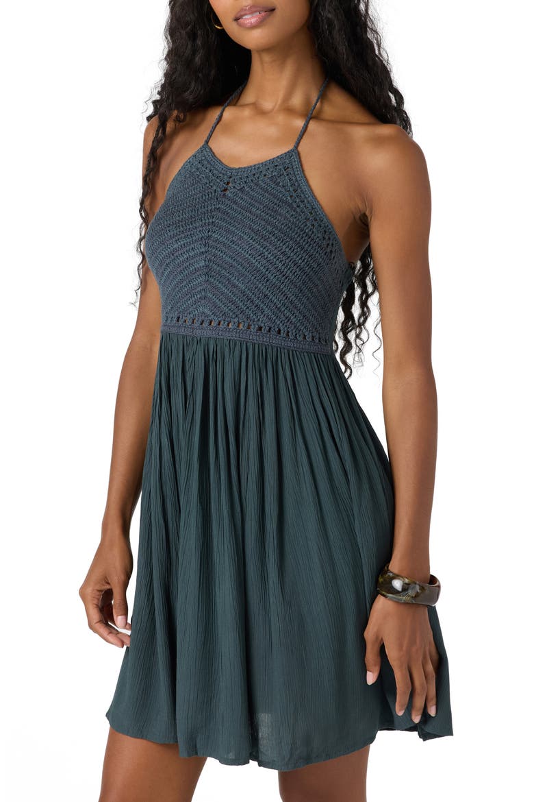 Kindra Mixed Media Halter Dress, Alternate, color, SLATE BLUE