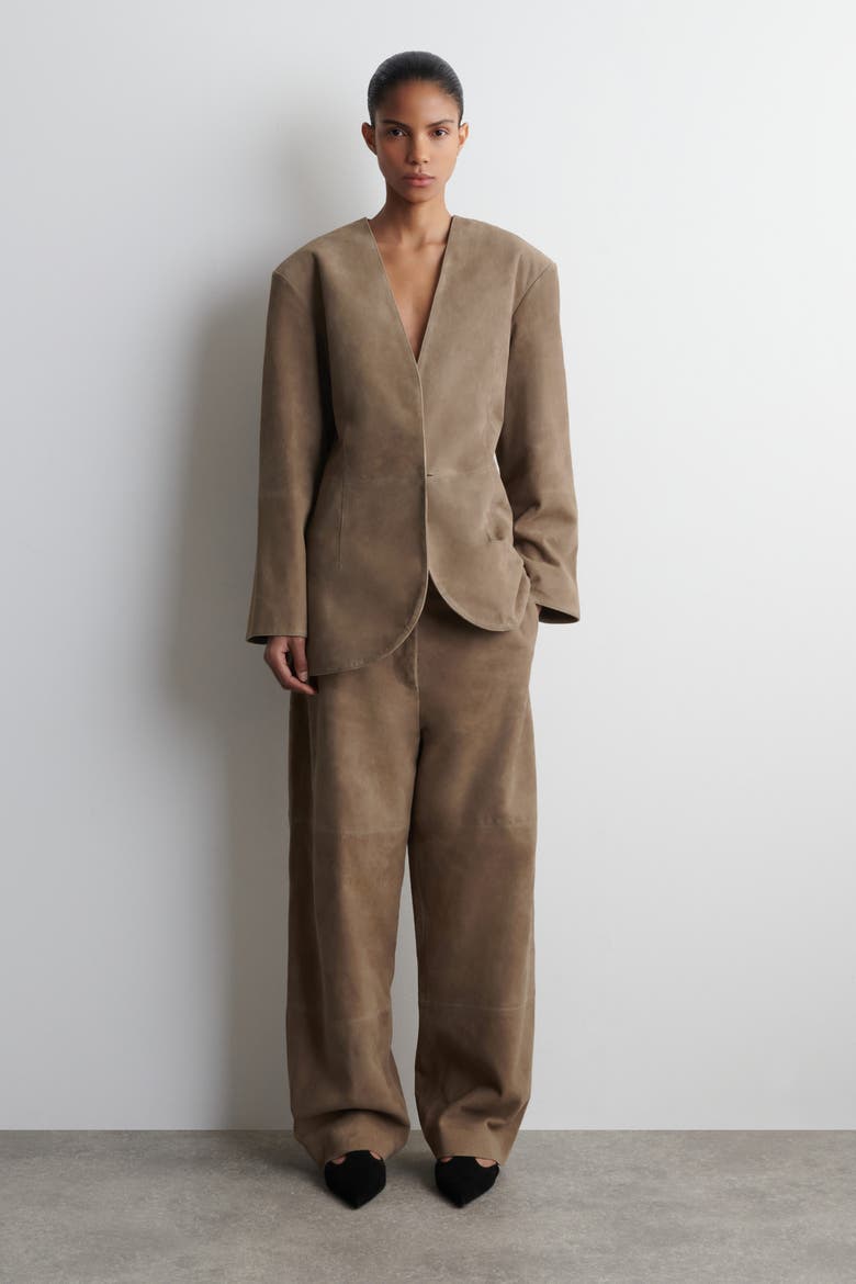 Collarless Suede Blazer, Main, color, BEIGE