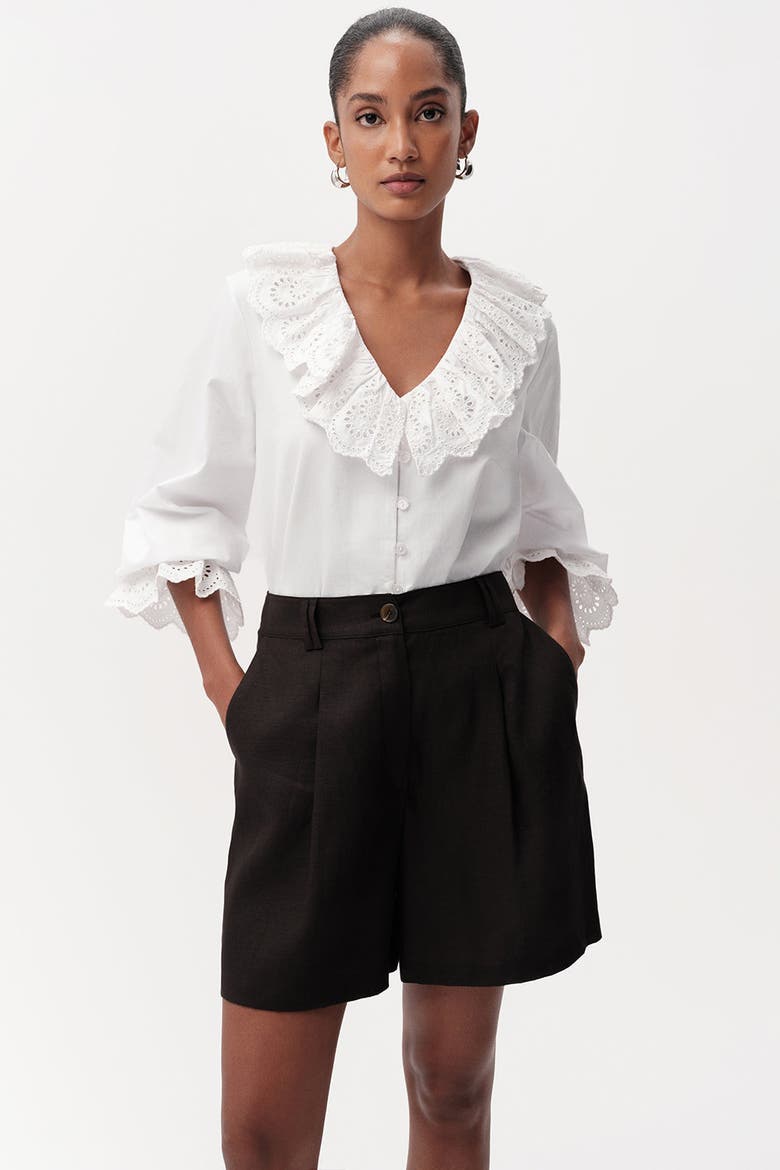 Donovan High Waist Pleated Linen Shorts, Alternate, color, Black