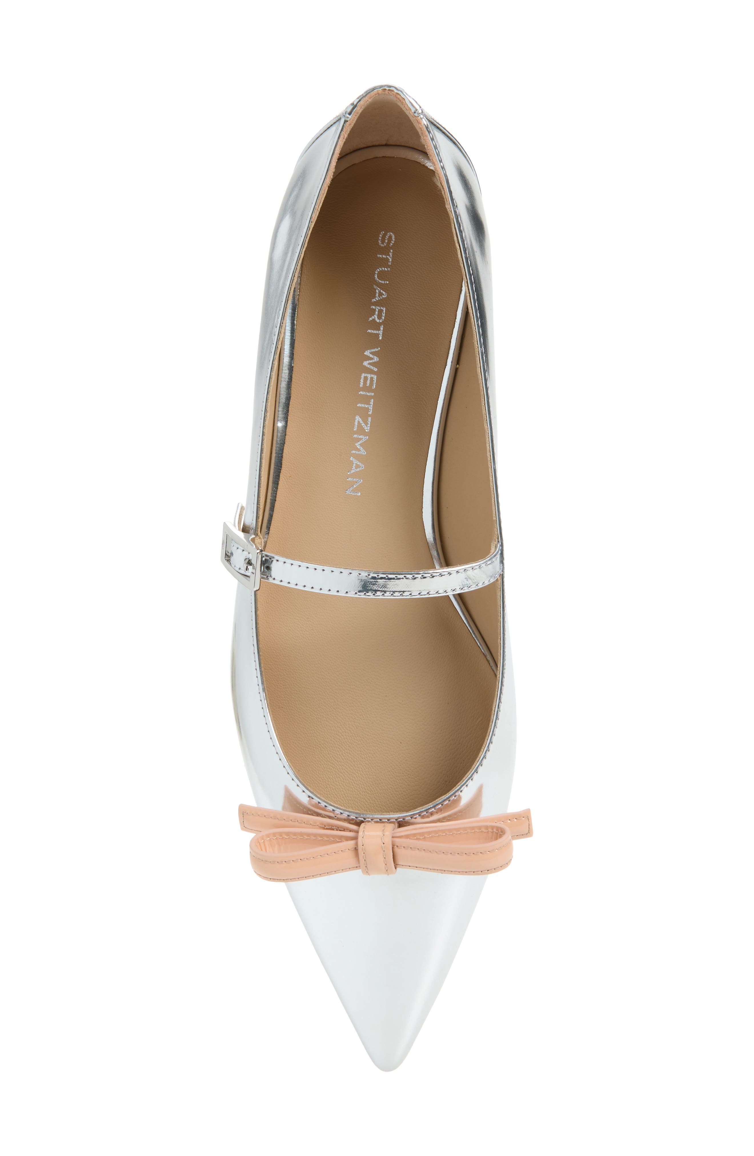 Stuart Weitzman Felicity Bow Mary Jane Flat, Alternate, color, Silver/ Poudre