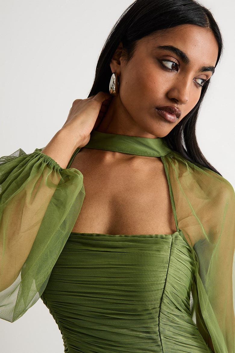Bow Detail Gathered Tulle Maxi Dress, Alternate, color, Green