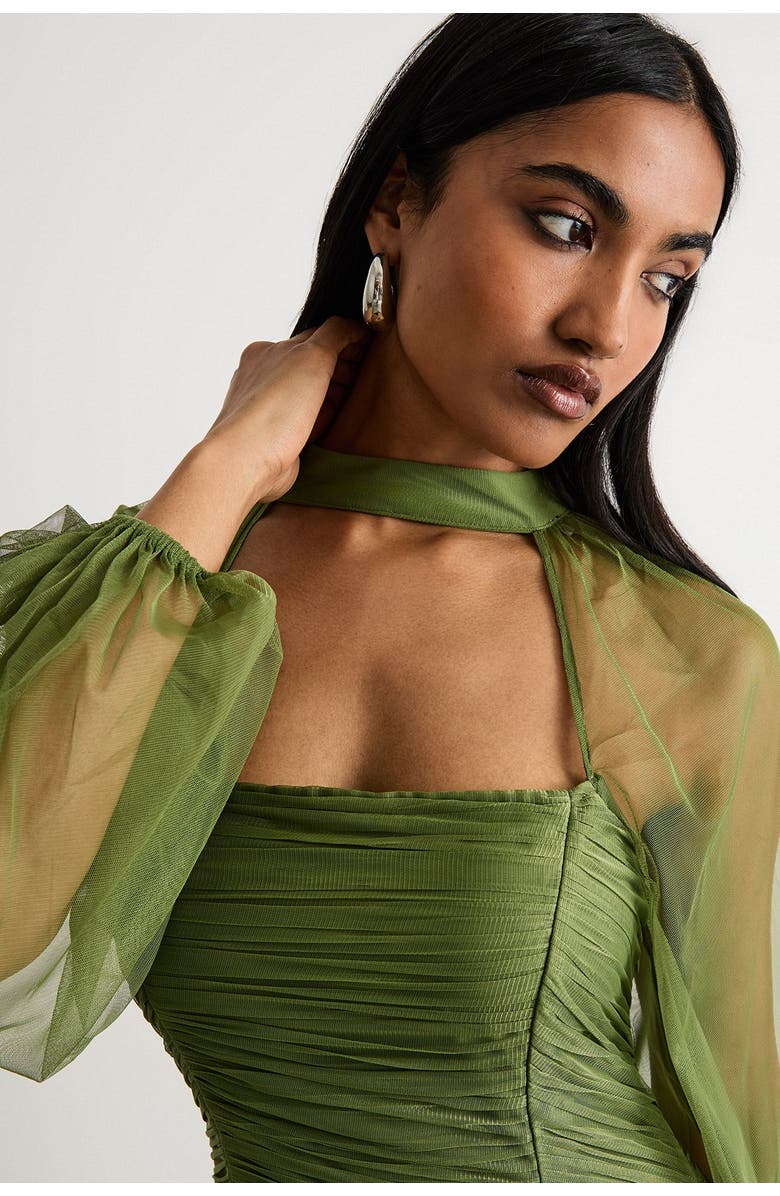 Warehouse Bow Detail Gathered Tulle Maxi Dress, Alternate, color, Green
