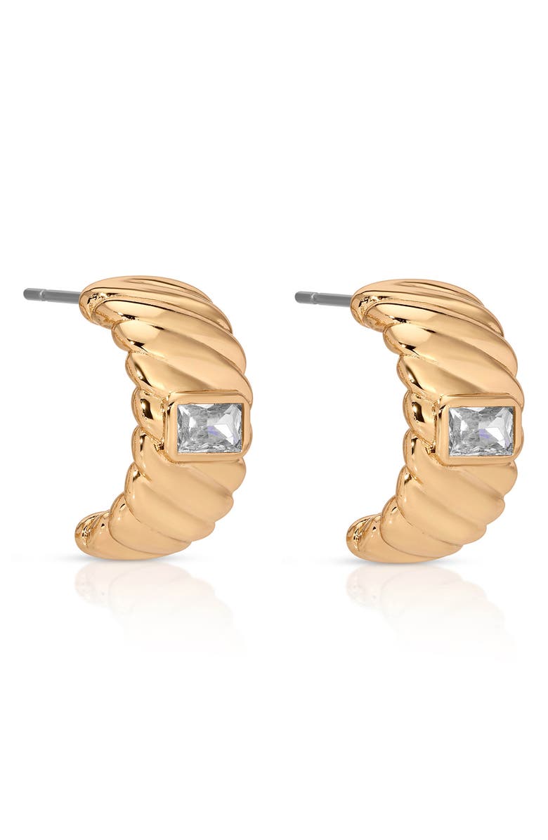 Ettika Baguette Crystal Hoop Earrings, Alternate, color, Gold