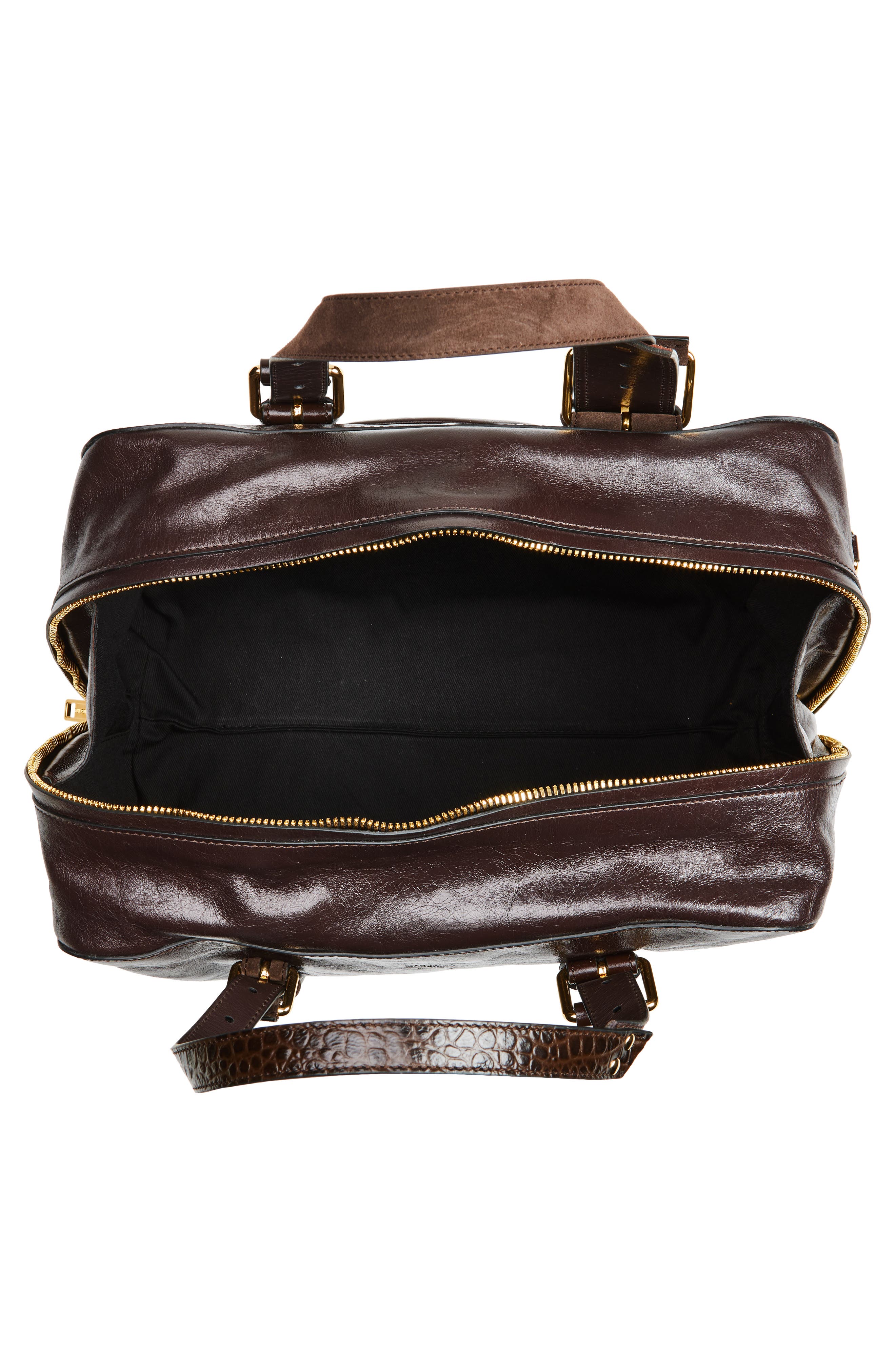 Moschino Leather Top Handle Bowling Bag, Alternate, color, Dark Brown