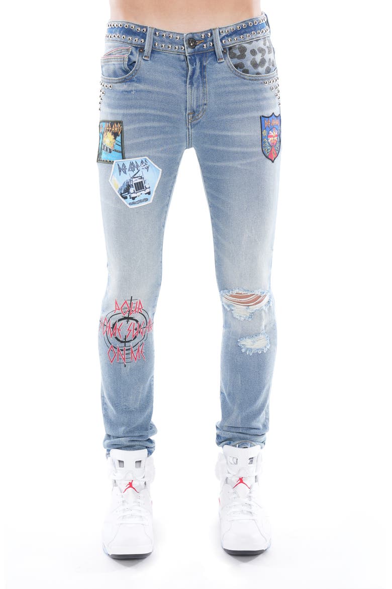 Punk Ripped Stretch Super Skinny Jeans, Main, color, DEF LEPPARD