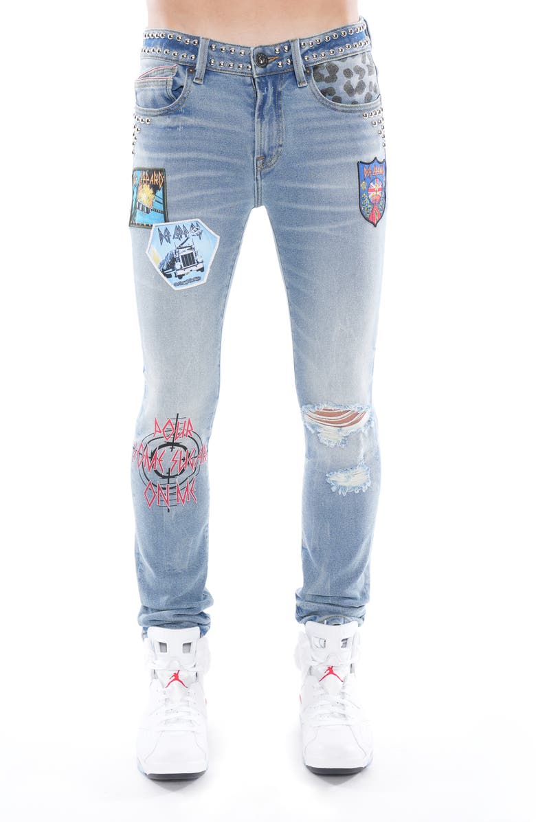 Cult of Individuality Punk Ripped Stretch Super Skinny Jeans, Main, color, Def Leppard