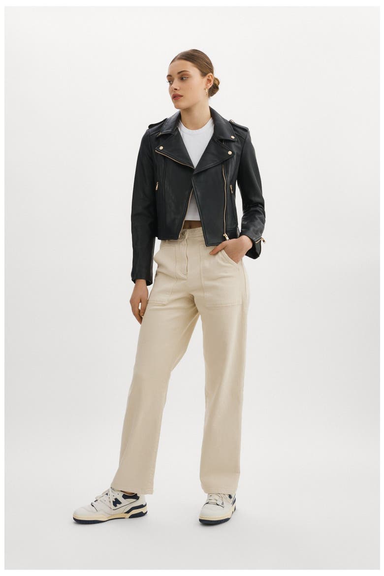 DONNA GOLD | Iconic Leather Biker Jacket, Alternate, color, Black