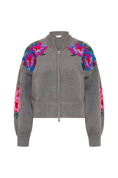 Embroidered Knit Cardigan With Zipper