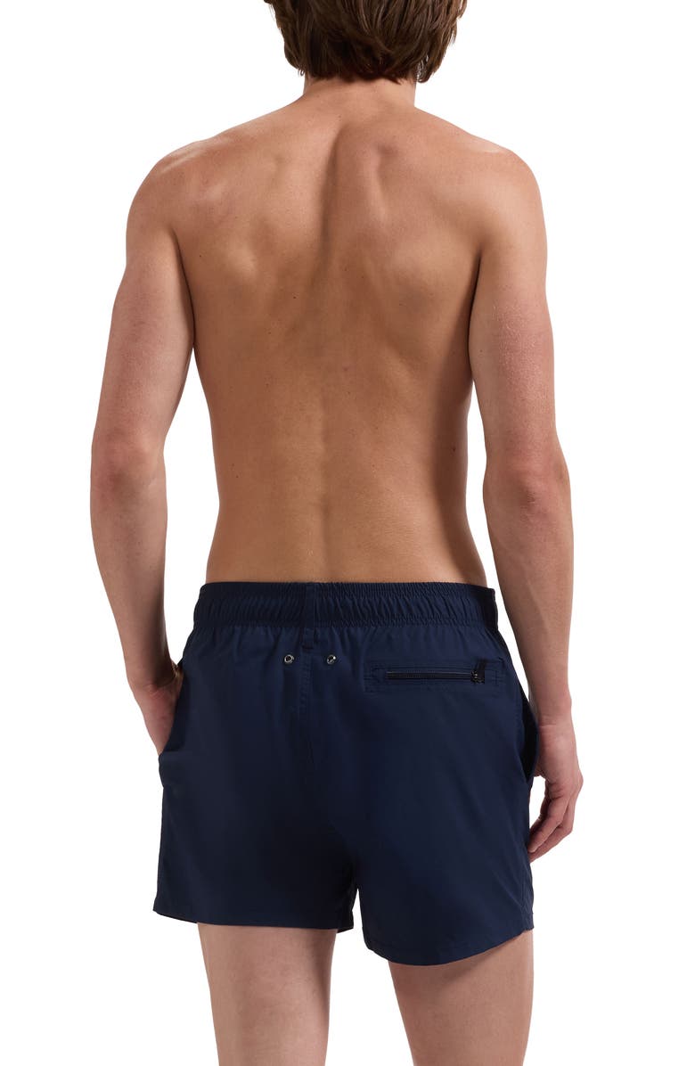 Bugatchi Zane Mid Length Print Swim Trunks, Alternate, color, Navy