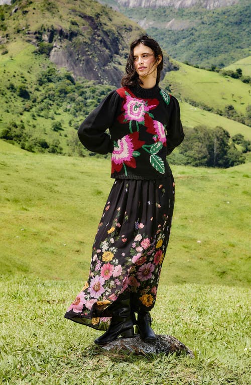 Farm Rio Colorful Flower Turtleneck Sweater In Multi