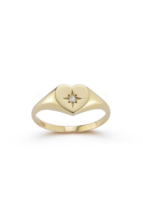 14K Gold Diamond Heart Star Signet Ring - 0.02ct.