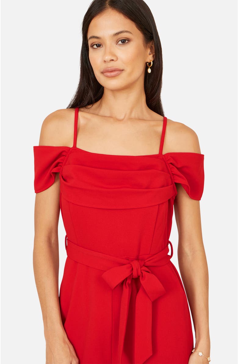 Yumi Draped Bardot Wide-Leg Self-Tie Jumpsuit, Alternate, color, Red