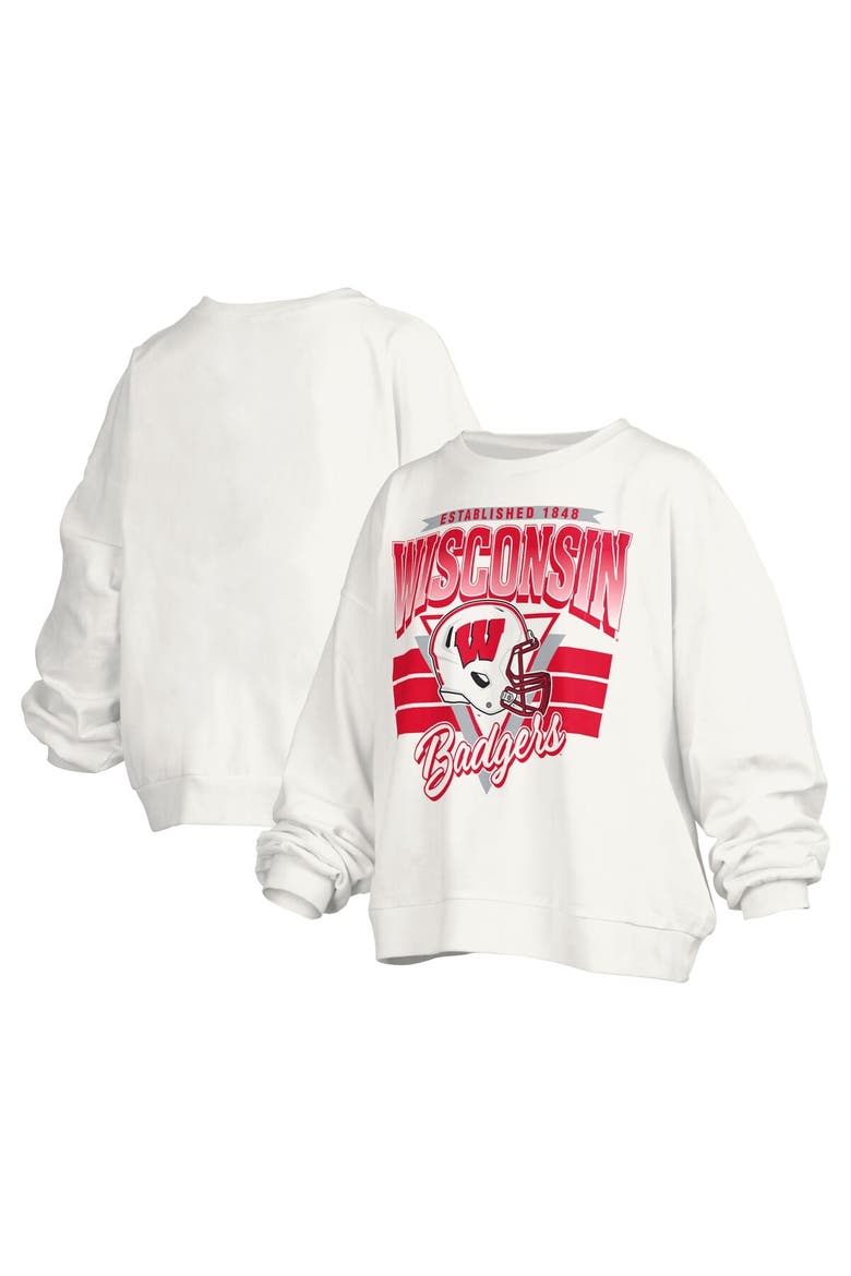 Women's Pressbox White Wisconsin Badgers Janice Retro Logo Oversized Pullover Sweatshirt, Main, color, White