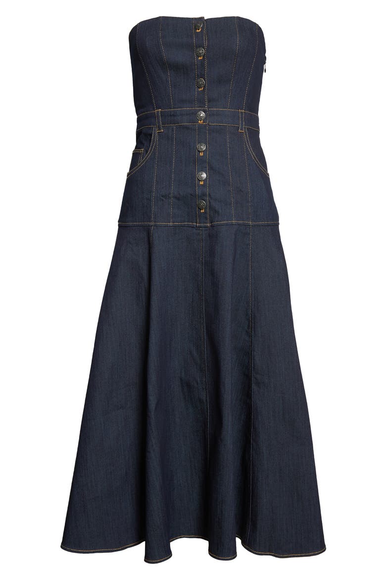 Veena Strapless Denim Midi Dress, Alternate, color, INDIGO