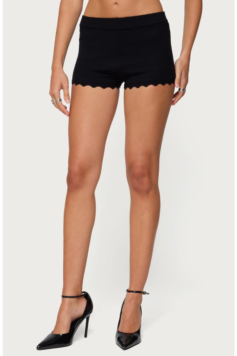 Maizy Scalloped Knit Microshorts, Main, color, BLACK