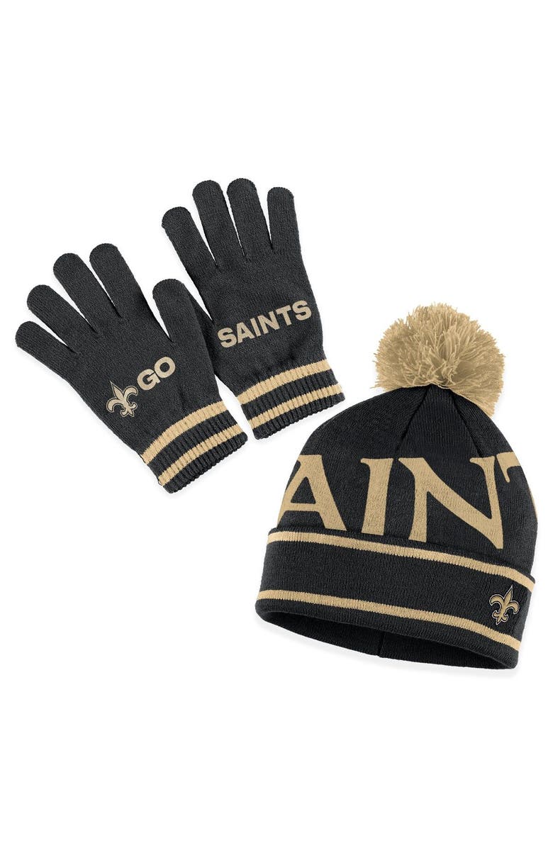 WEAR by Erin Andrews Women's WEAR by Erin Andrews  Black New Orleans Saints Double Jacquard Cuffed Knit Hat with Pom and Gloves Set, Main, color, 