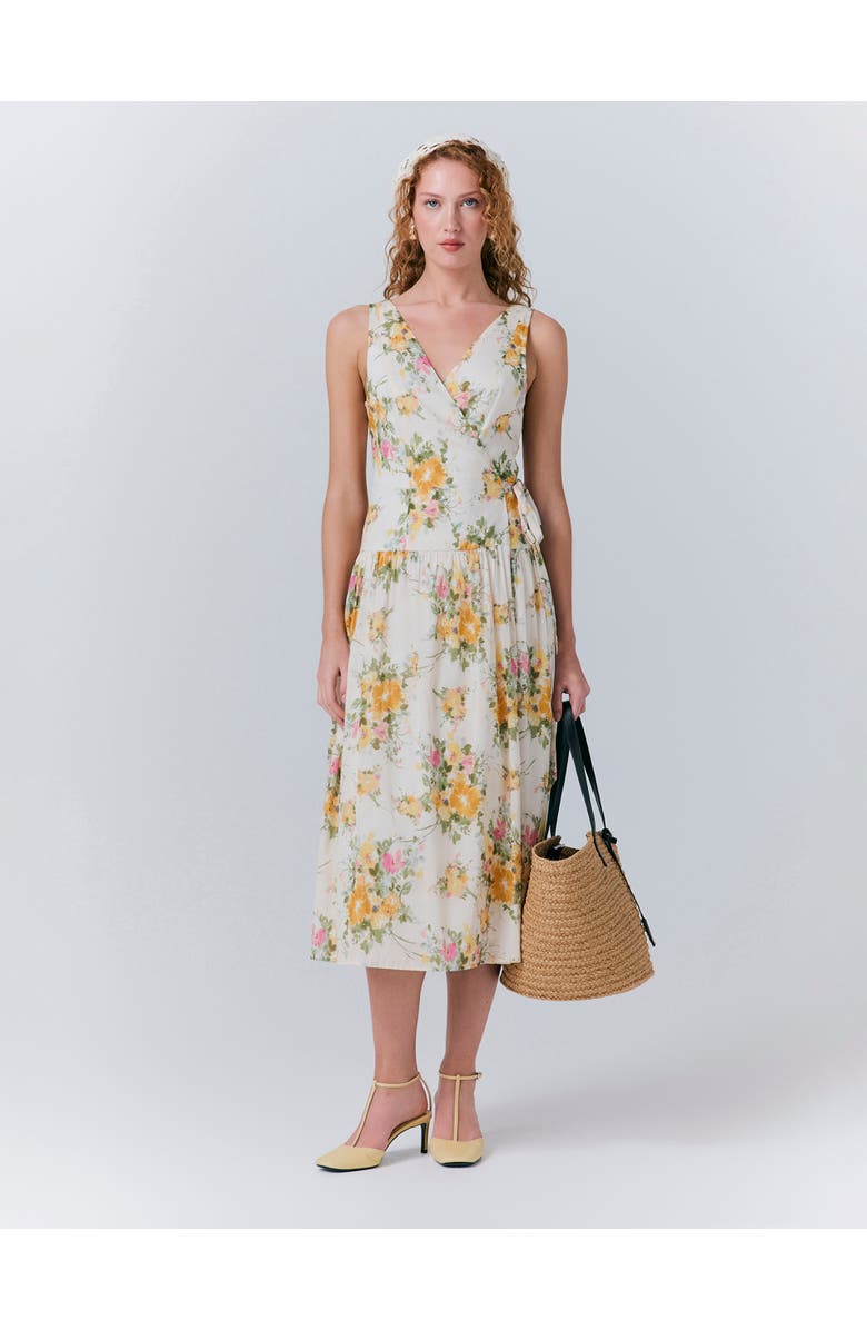 Ghost London Julia Cotton Floral Midi Wrap Dress, Main, color, Yellow Floral