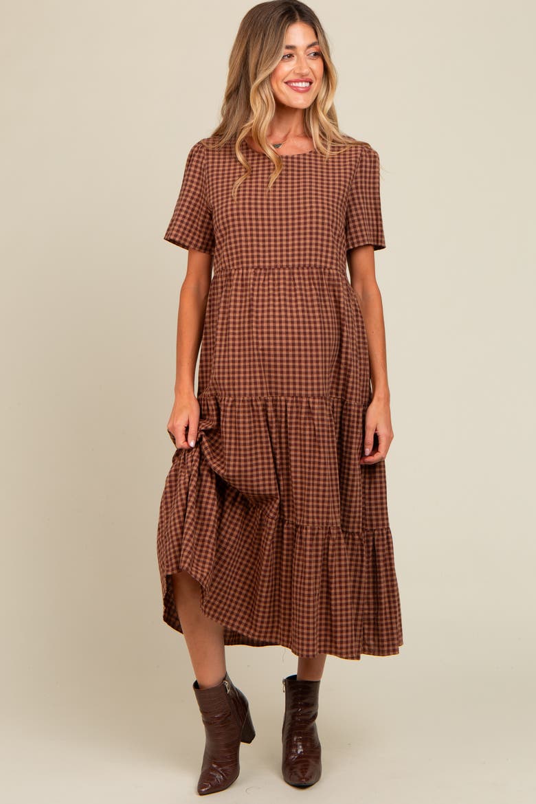 Gingham Tiered Midi Dress, Main, color, Mocha