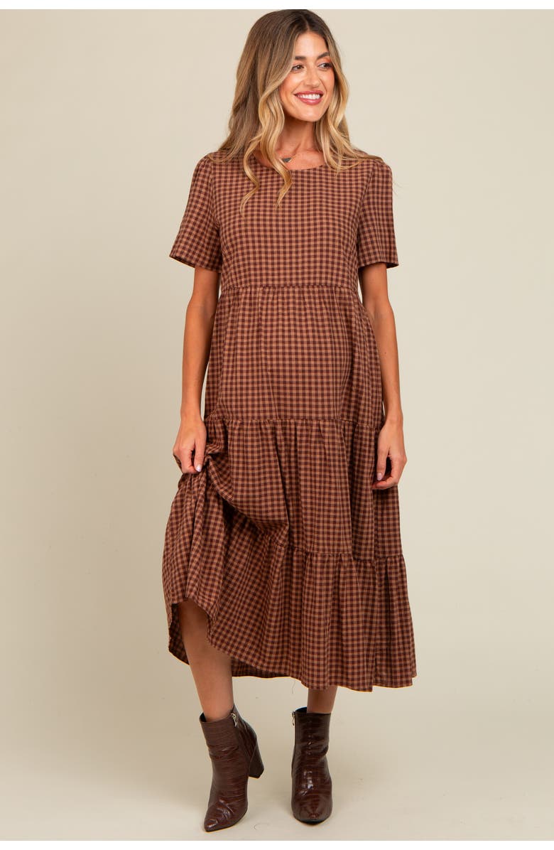 PinkBlush Gingham Tiered Midi Dress, Main, color, Mocha