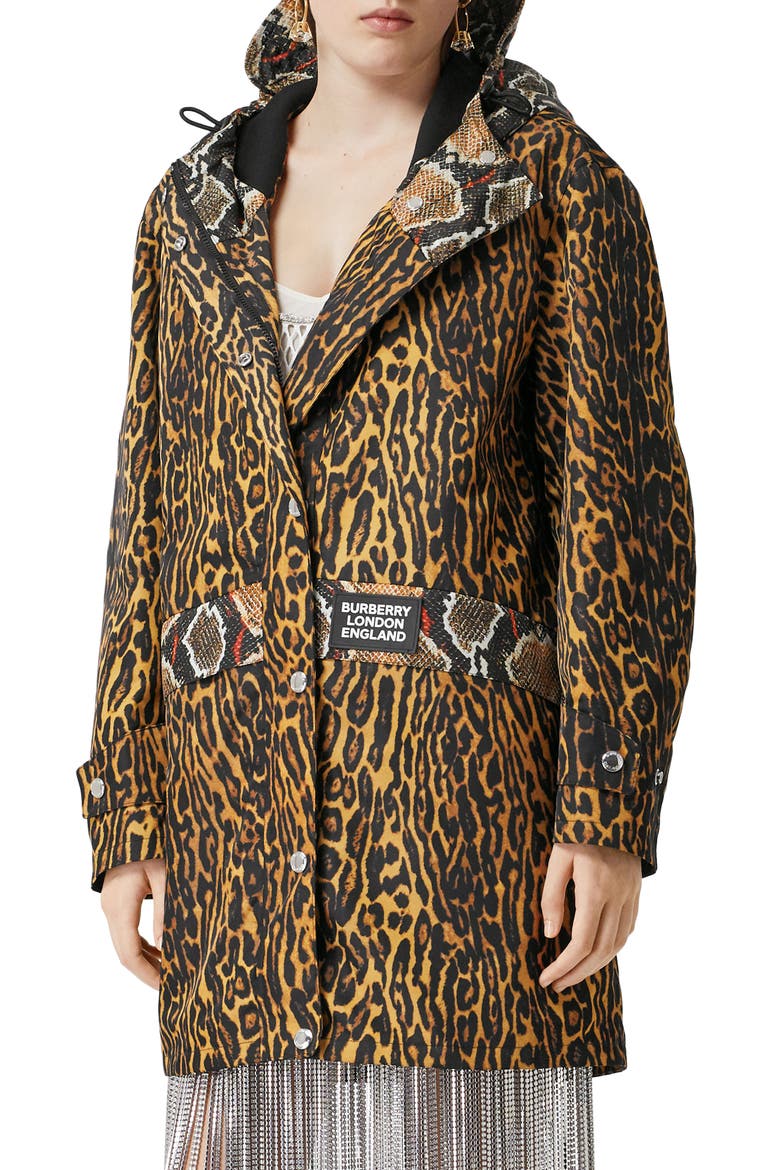 Leopard & Snake Print Twill Parka, Main, color, HONEY
