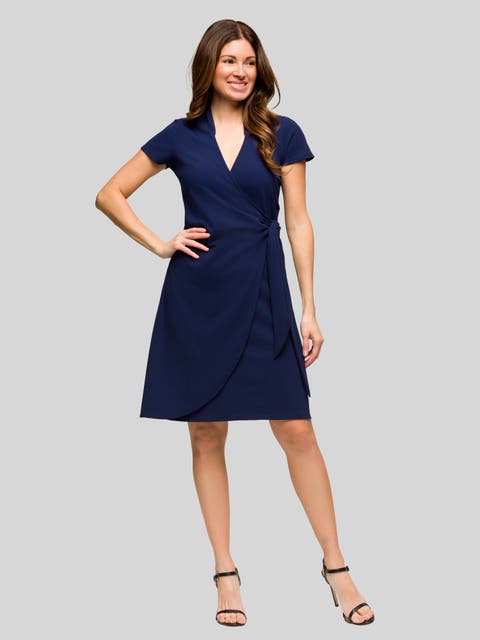 Mandarin Collar Knee Length Wrap Dress