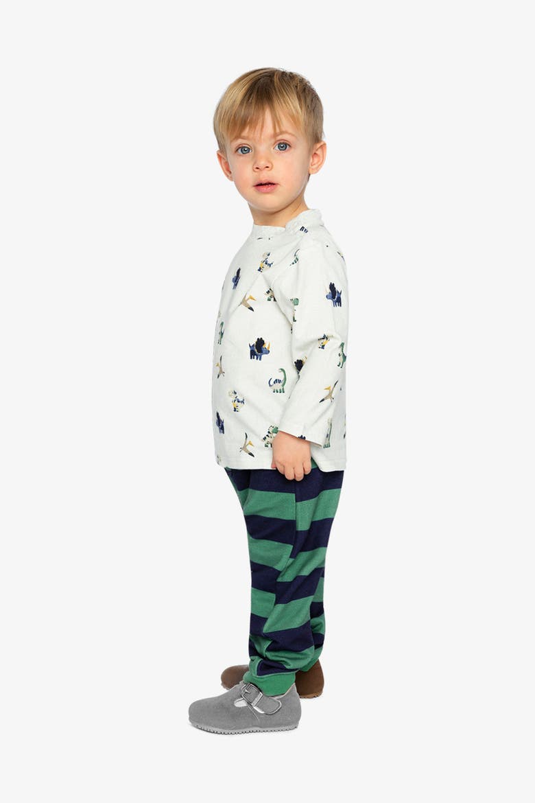 Dinosaur Long Sleeve T-Shirt & Striped Fleece Pants Set, Alternate, color, Beige Dinosaur Print