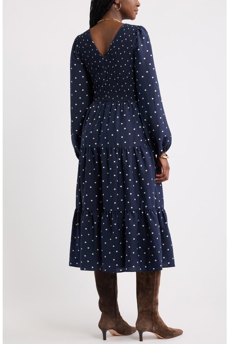 Smocked Long Sleeve Midi Dress, Alternate, color, NAVY IVORY TOSS DOT
