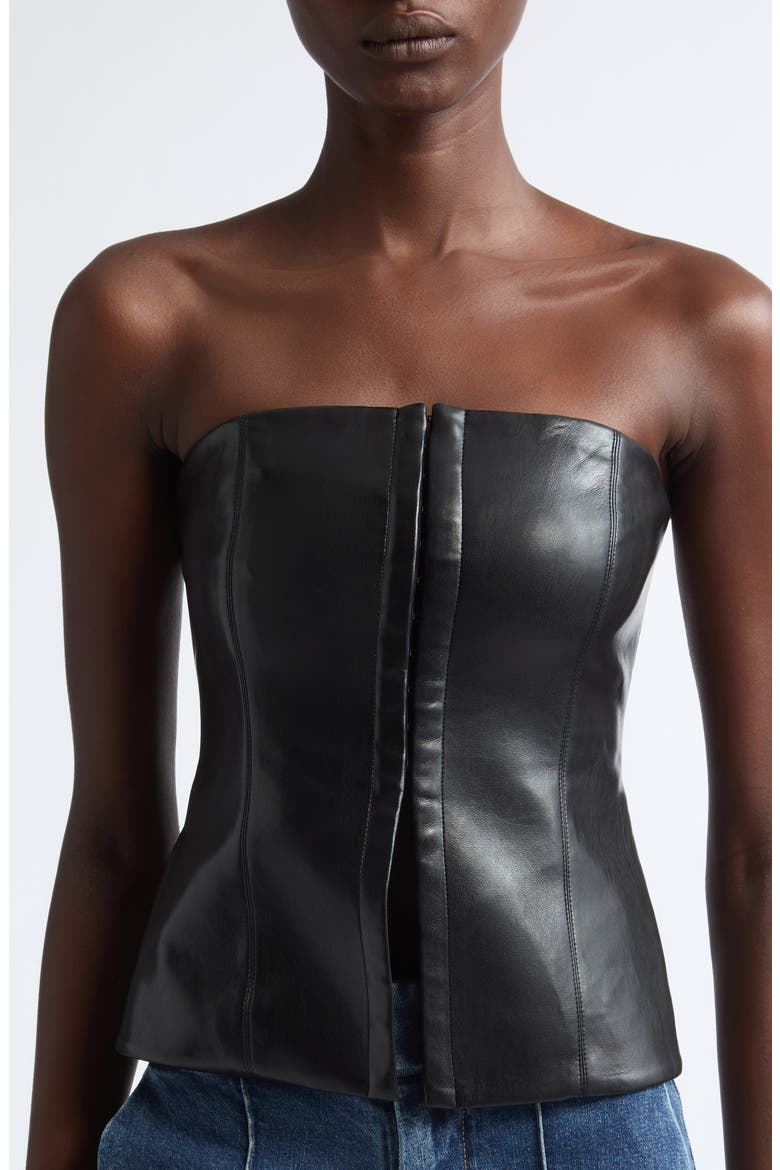 Pat Strapless Faux Leather Top, Alternate, color, BLACK