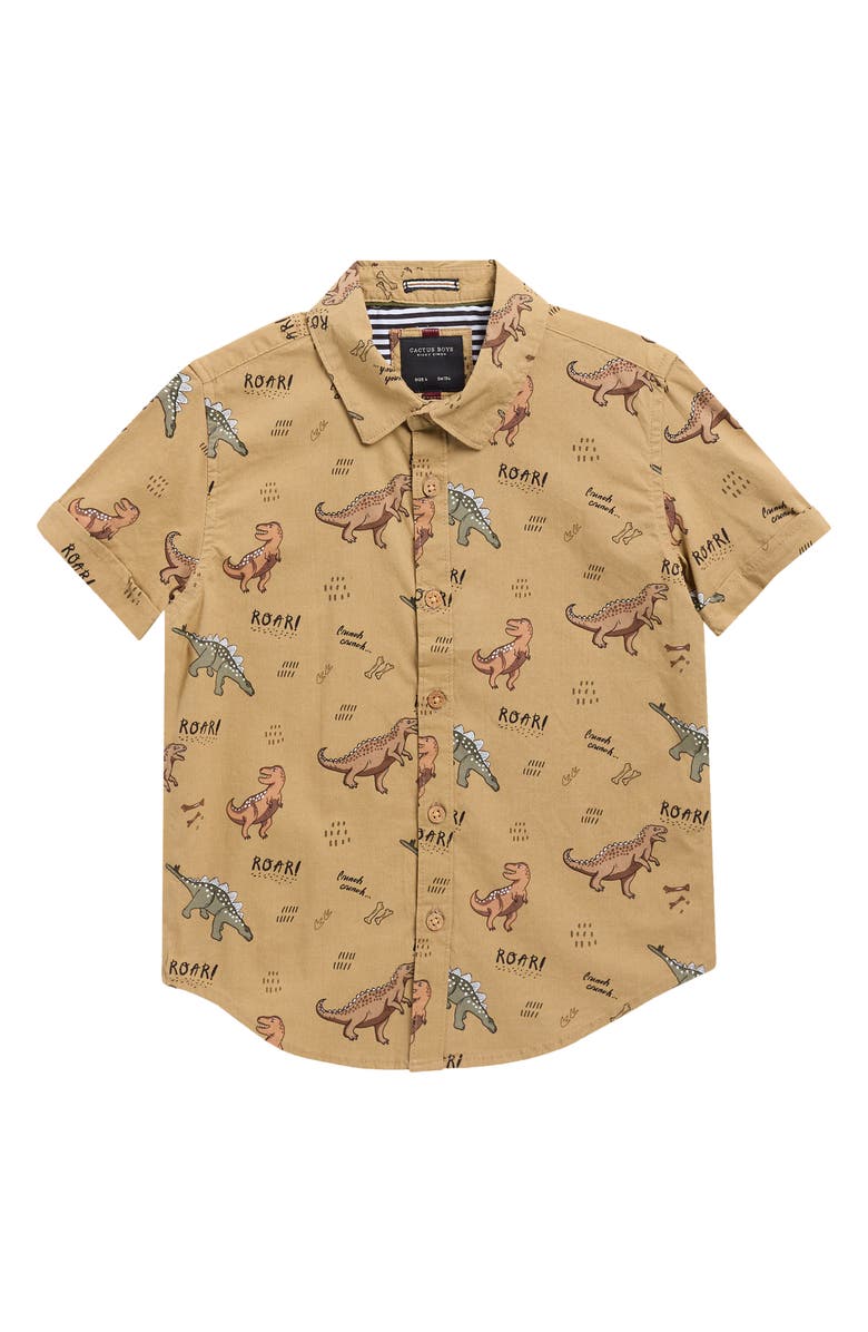 DENIM AND FLOWER Kids' Roar Dinos Short Sleeve Button-Up Shirt, Main, color, Khaki
