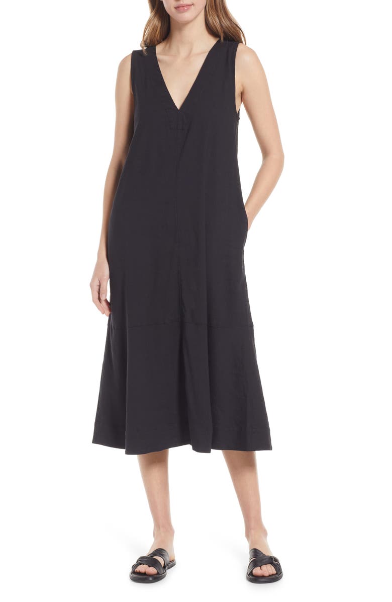 Nordstrom Sleeveless V-Neck Linen Blend Midi Dress, Main, color,