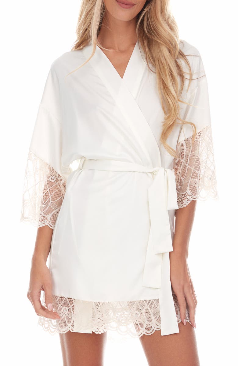 Flora Nikrooz Gabby Lace Trim Satin Chermeuse Wrap, Main, color, Ivory