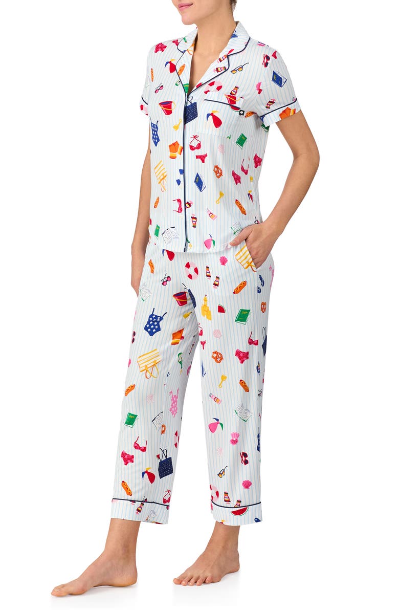 Kate Spade New York short sleeve crop pajamas, Alternate, color, Blue/ White Multi