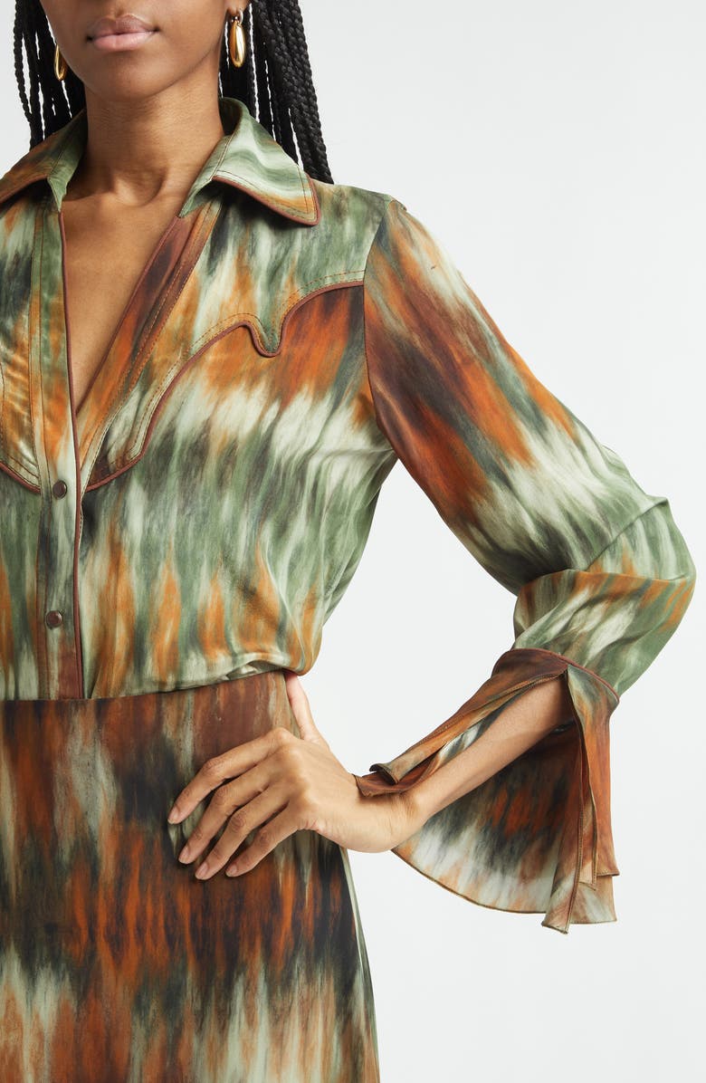 Johanna Ortiz Cabalgando Piped Silk Western Shirt, Alternate, color, Pine Green / Chocolate