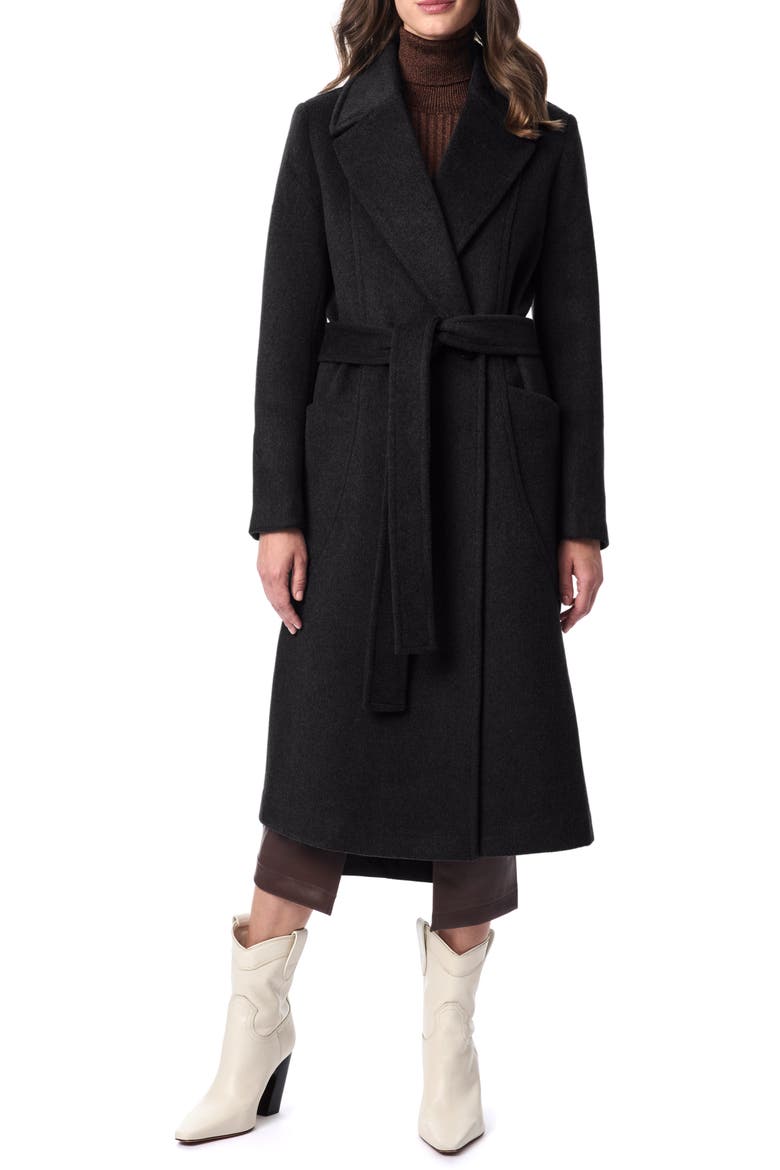Belted Wool Blend Longline Coat, Main, color, BLACK