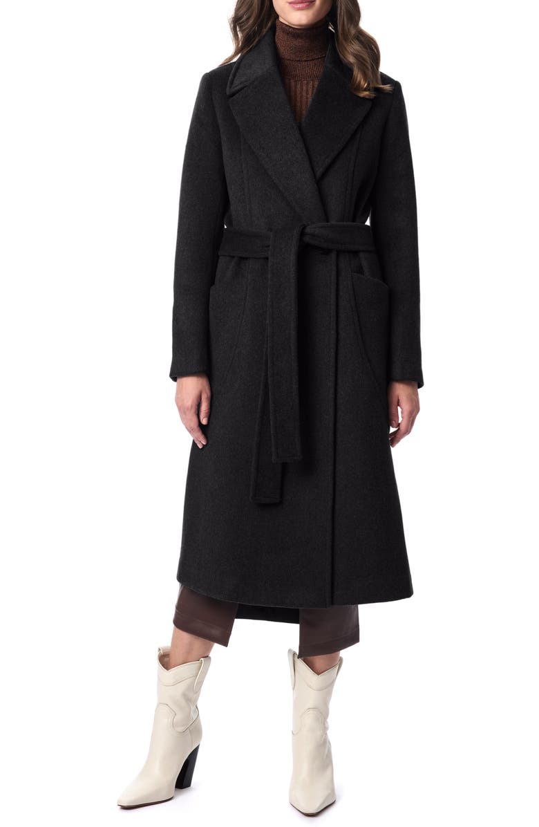 Bernardo Belted Wool Blend Longline Coat, Main, color, Black