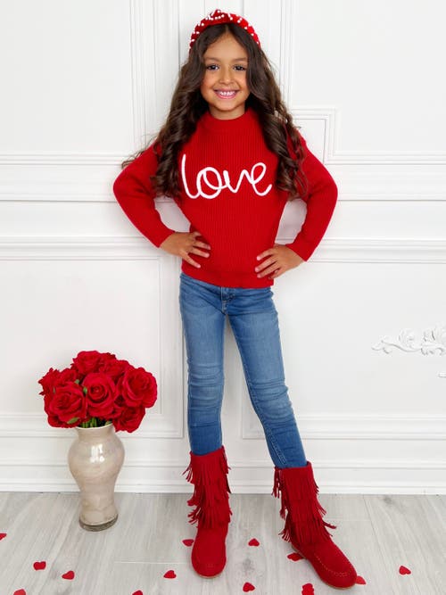 Mia Belle Girls Love At First Sight Embroidered Chunky Knit Sweater In Red