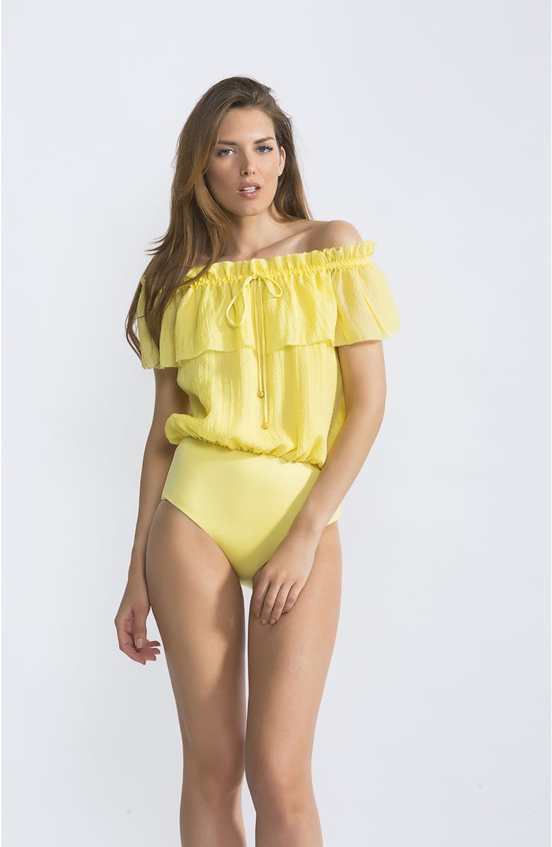 NESSI BYRD Bardot-Style Textured Off-the-Shoulder Ruffled One-Piece Swimsuit, Main, color, Yellow