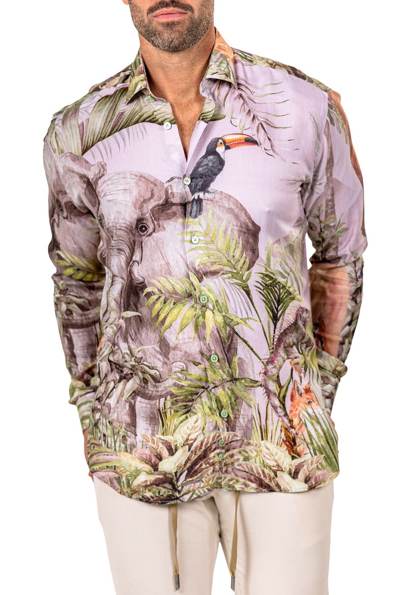 Fibonacci Marthyr 0322 Wildlife Print Contemporary Fit Button-Up Shirt, Main, color, WHITE MULTI
