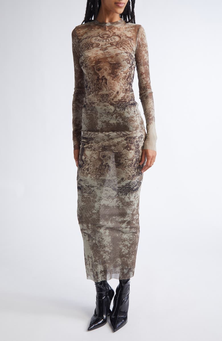 Jean Paul Gaultier Medallion Print Mesh Maxi Skirt, Alternate, color, Light Beige/ Taupe