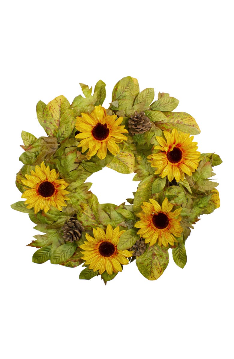 Northlight Yellow Sunflower and Pine Cone Artificial Fall Harvest Wreath - 24 inch, Unlit, Main, color, Yellow