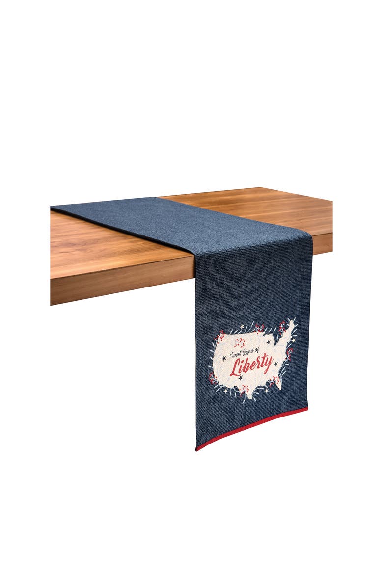 "Sweet Land of Liberty" USA 100% Cotton Denim Blue Table Runner 13" x 72", Main, color, Blue
