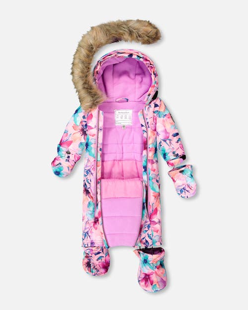 Deux Par Deux One-piece Play Snowsuit Designed For Car Seat Watercolor Flower In Blue
