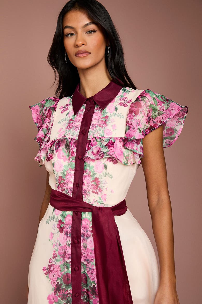 Petite Floral Frill Collard Midi Dress, Alternate, color, Berry