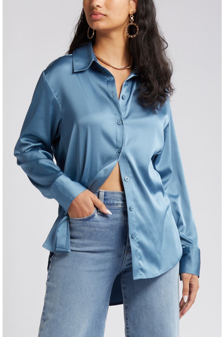 Satin Button-Up Shirt, Alternate, color, BLUE STONE