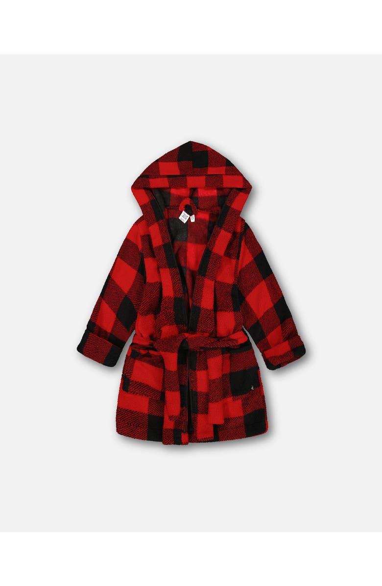 Deux par Deux Little Boy's Plush Robe Plaid Black And Red, Alternate, color, 