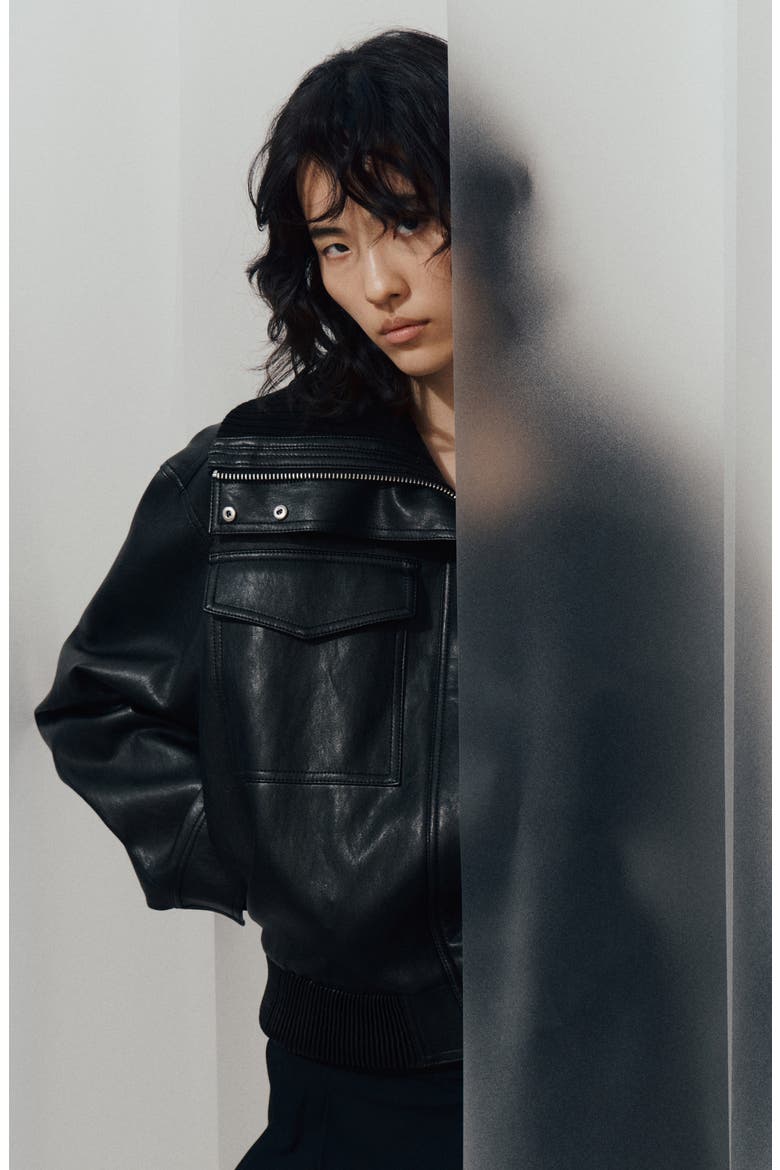 Crop Rib Faux Leather Jacket, Alternate, color, BLACK