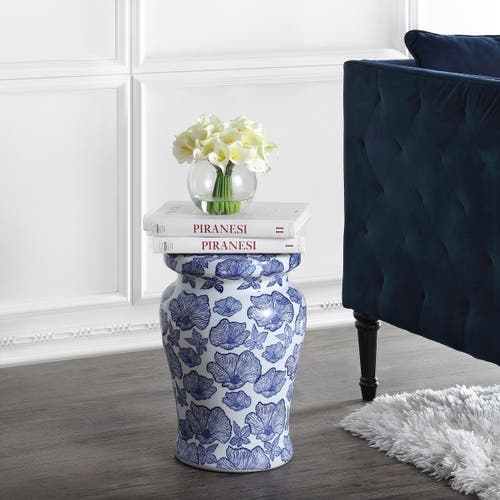 Jonathan Y Poppies 17.7" Ceramic Garden Stool In White/blue
