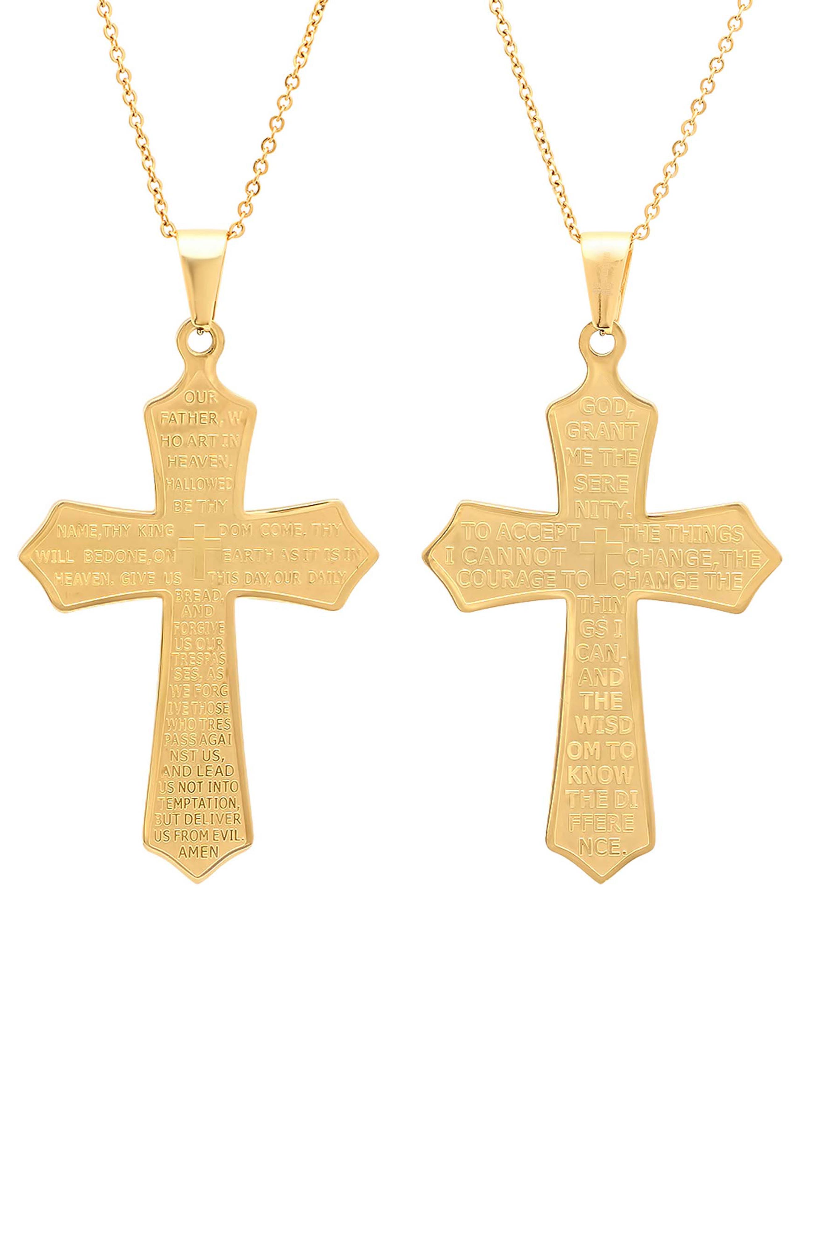 Men's 18k Gold Plate Reversible Prayer Cross Pendant Necklace