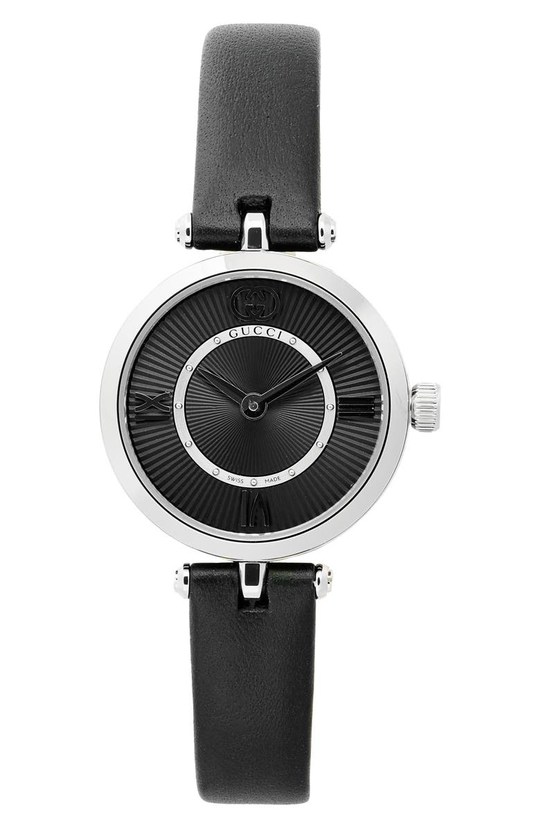 Gucci Model 2000 Leather Strap Watch, 24mm, Alternate, color, Black/ Silver